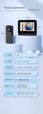 X7 Smart Video Doorbell with 4.3 Inch HD Screen, WiFi, Battery Powered Wireless Cat Eye Security Camera - Image 7